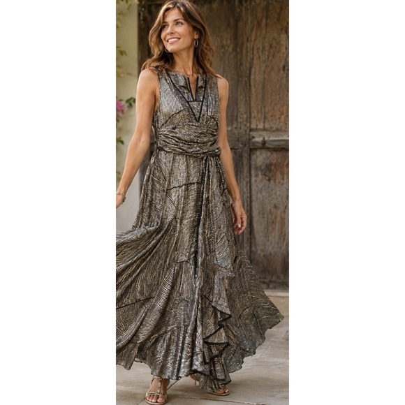 Ashro Dresses & Skirts - Ashro Maxi Dress Black & Silver Metallic Flowy Dress Sleeveless Size Large